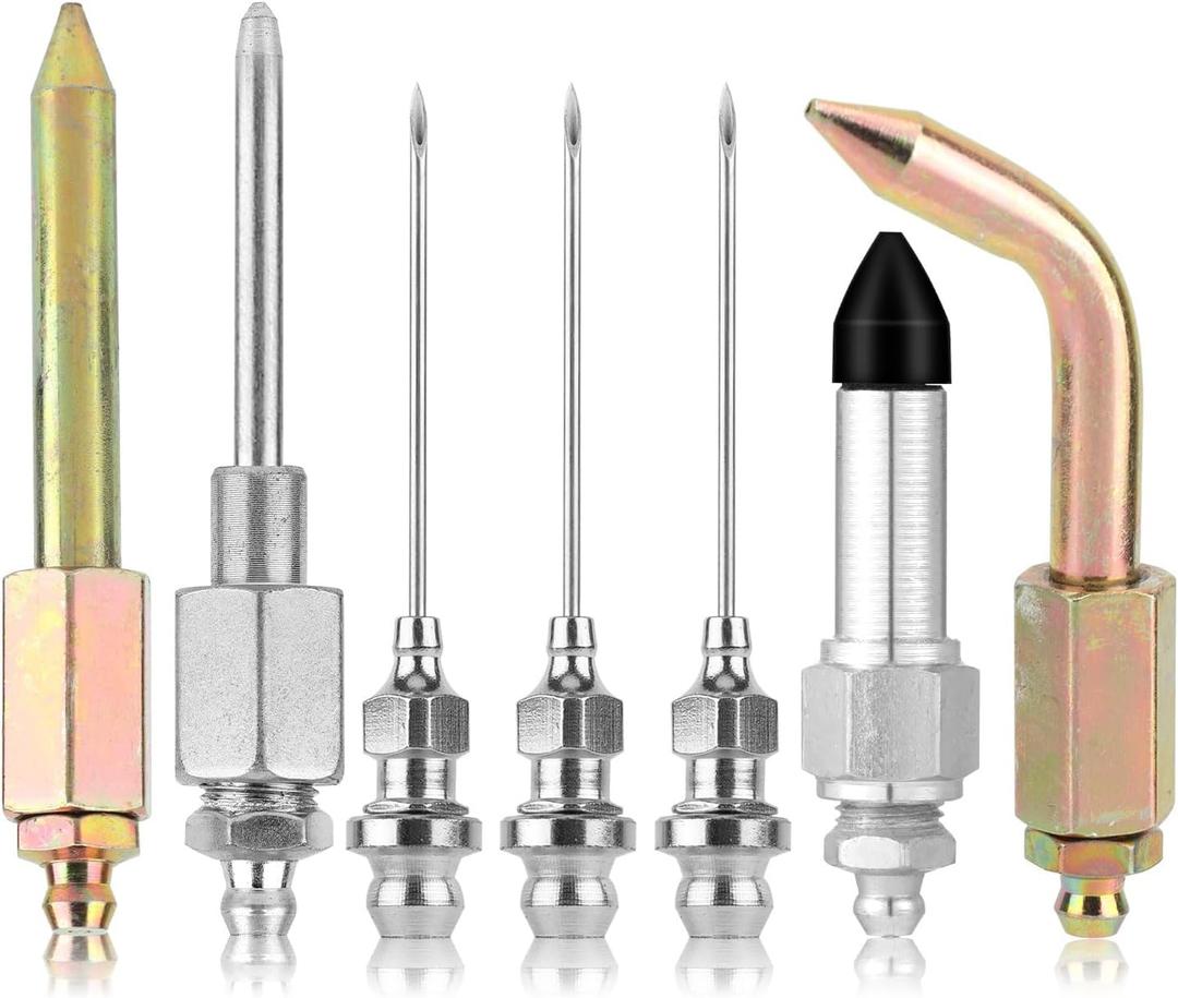 lasuroa 7pcs Grease Gun Accessory Kit, Carbon Steel Galvanized 3 Grease Gun Nozzle 1 Needle Dispenser & Rubber Joint Fitting 1 Bent & Straight Nipple Nozzles for Small Narrow Space Deep Hole