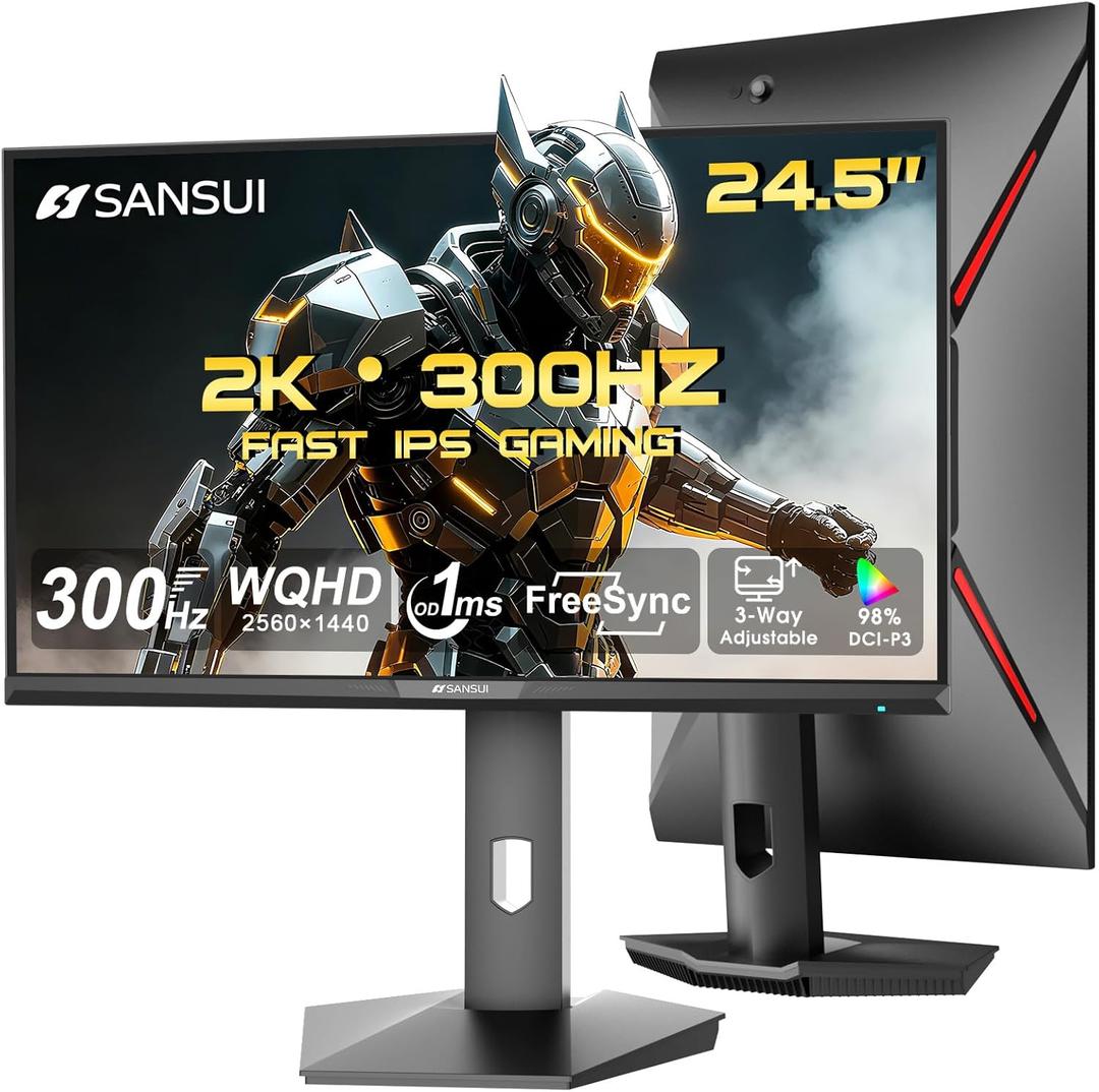 SANSUI 24.5 Inch Gaming Monitor QHD 1440P 300Hz 240Hz, 1ms Fast IPS Computer Monitor, 2 HDMI 2.1 Up to 300Hz, 2 DP 1.4 Up to 300Hz, 130% sRGB Eye Care VESA Support (DP Cable Included ES-G25F6Q Pro)