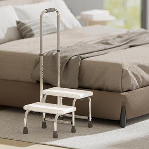 SPECILITE 2 Step Stool with Handle, Heavy Duty Foot Stool with 10 Height-Adjustable Handrail, Non-Slip Platform and 4 Buckles for Bed, RV, Kitchen, Bathtub, 360lbs Standing aids for Elderly, Adult