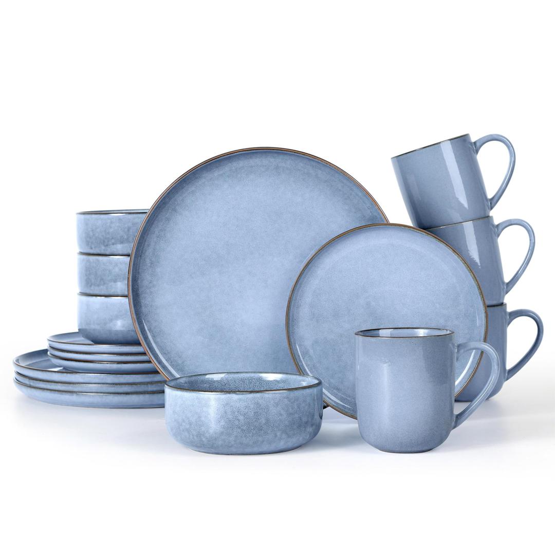 LIANYU 16 Piece Dinnerware Set with Cups, Stoneware Plates and Bowls Set for 4, Kitchen Dining Dinnerware Dish for Dessert Salad Pasta, Microwave & Dishwasher Safe, Serenity Blue