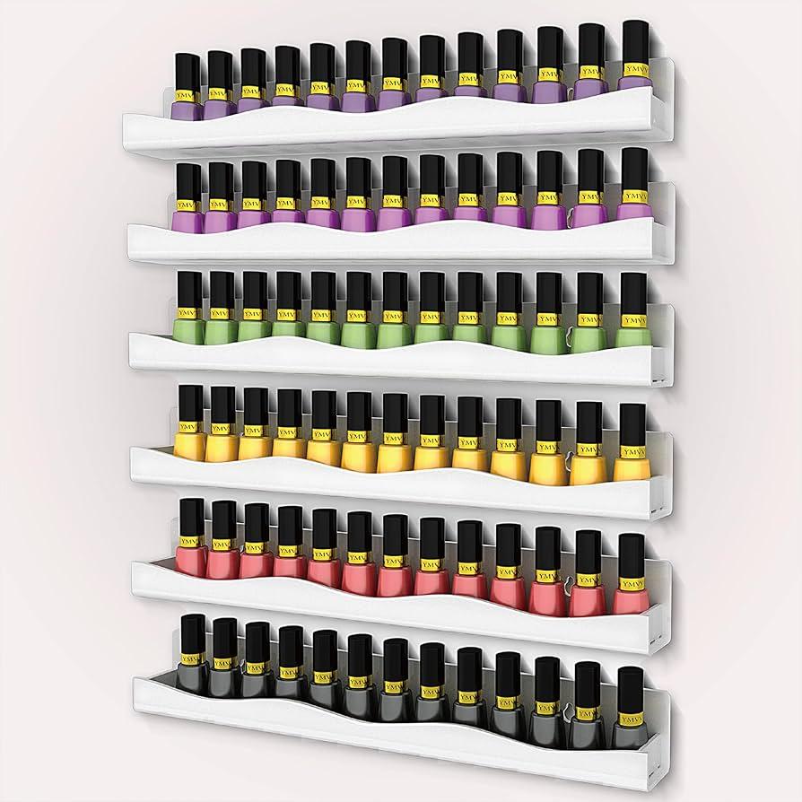 YMVV 6 Pack Nail Polish Wall Mounted Shelf,15 Inch Nail Polish Floating Shelves for 66-90 Bottles Multi-Purpose,Ideal Gift, Great Display for Salons Retailers,Pink