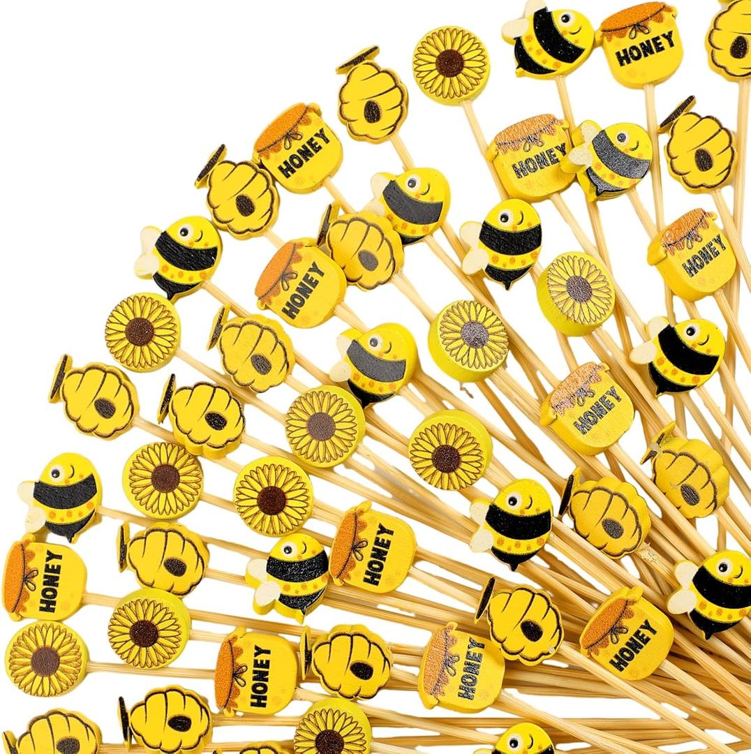 Zubebe Summer Bees Cocktail Picks Sunflower Bamboo Toothpicks Cocktail Toothpicks for Cupcake Fruit Appetizers Drinks Baby Shower Party Decorations(100 Pcs)
