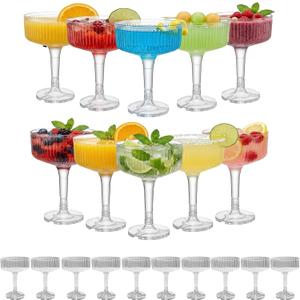 20 Pack Ribbed Martini Glasses- Plastic Coupe Glasses, Clear Cocktail Cups for Champagne Tower, Wedding, Birthday Party Supplies