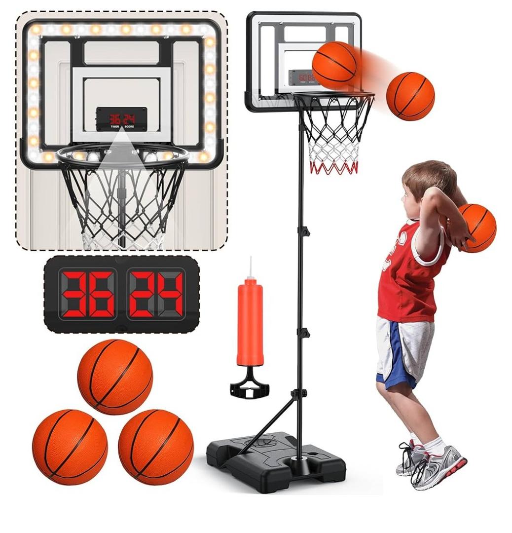 Kids Indoor Basketball Hoop with Scoreboard & Timer, Toddler Adjustable Height Basketball Goal Toy for Outdoor Backyard, Sports Game Play