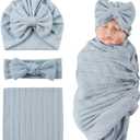 OMUKY Newborn Receiving Blanket Bow Headband and Beanie Set Baby Swaddle Receiving Blankets Baby Boy Girls Nursery Swaddle Wrap(Blue)