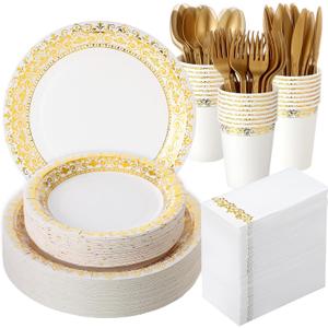 700 Pcs Disposable Dinnerware Set for 100 Guests Include 200 Paper Plates, 300 Plastic Silverware, 100 Paper Cups, 100 Napkins for Wedding Birthday Party Supplies (White Gold Pattern)