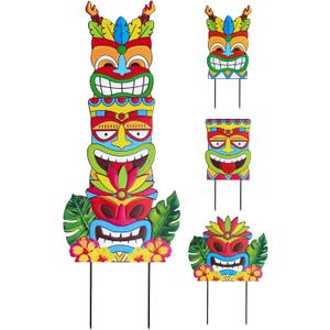 hogardeck Luau Party Decorations, Metal 3 Stacked Tiki Decorative Garden Stakes for Luau Outdoor, Hawaiian Party Decorations Tiki Yard Signs for Tropical Outdoor Garden Lawn