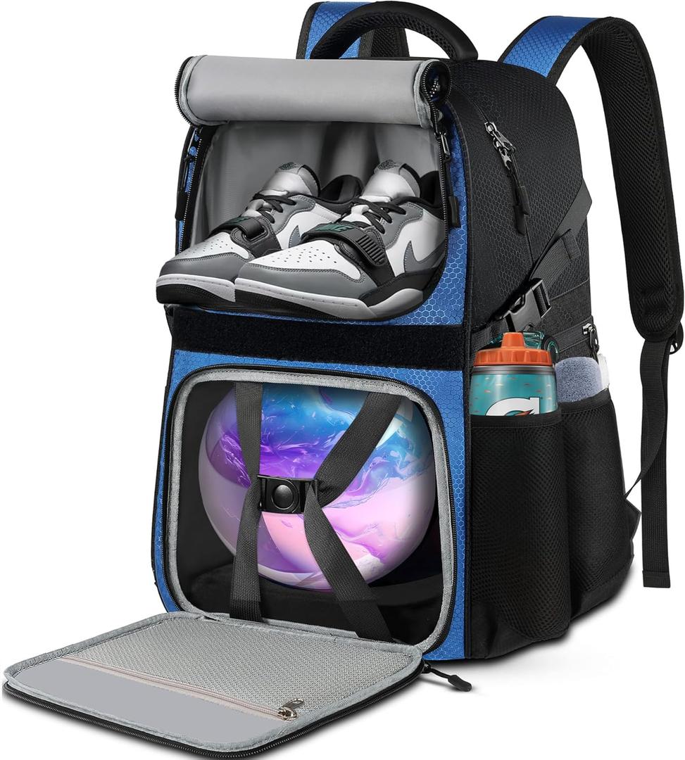 Bowling Ball Bag, Single Bowling Backpack with Shoe Totes Bag Up to Size 16, Padded Ball Holder Bag, Accessories Gifts for Lovers/Player, Black (Blue)