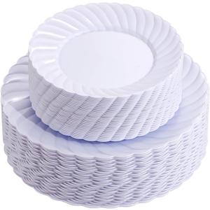 U-QE 100 Pieces White Plastic Plates - Premium White Disposable Plates for Wedding and Party Use Including 50PCS 9 '' Dinner Plate & 50PCS 6.5 '' Dessert Plate