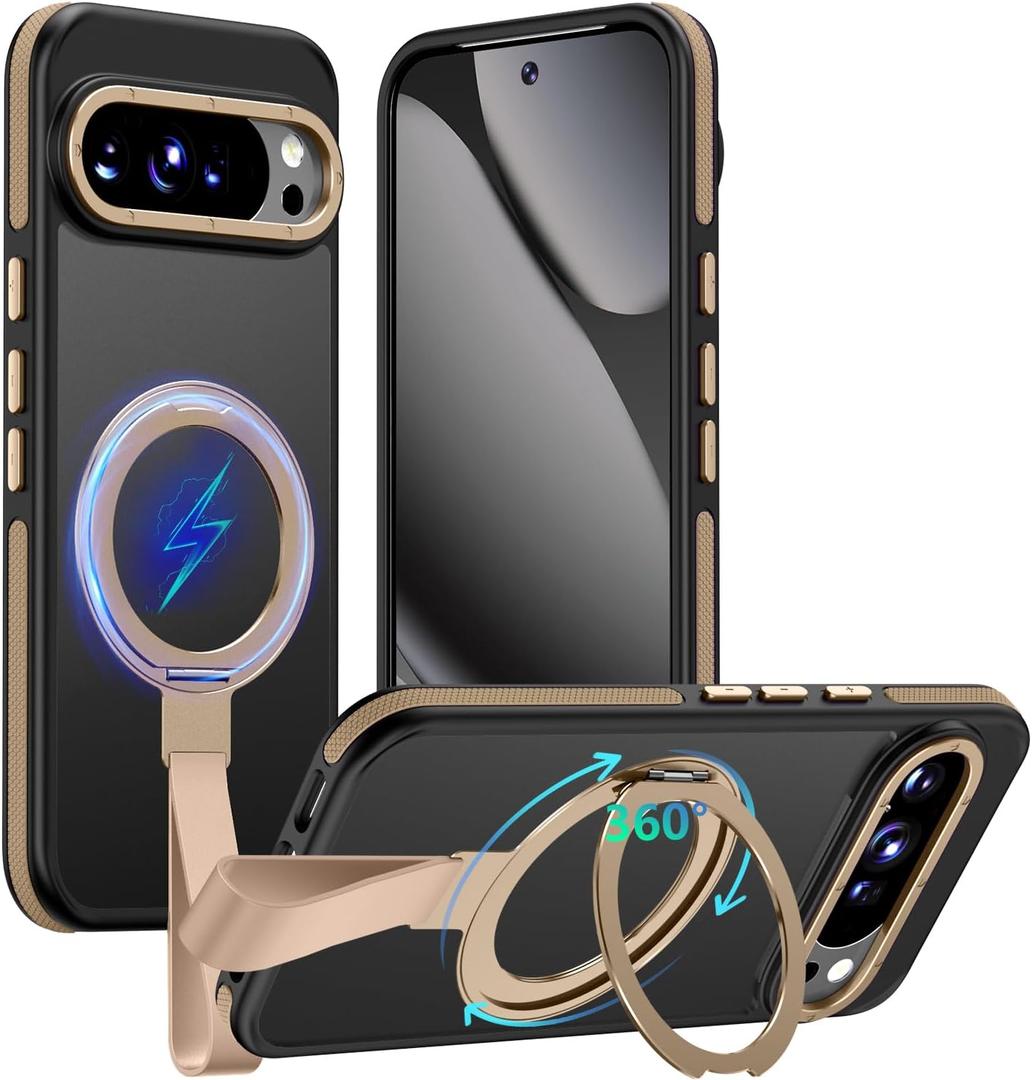 TIANNIUKE for Google Pixel 10 Pro XL Case 360Rotatable Magnetic Ring Holder Stand with Silicone Strap, Fit for MagSafe Mil-Grade Shockproof Translucent Matte Phone Case (Desert Gold)