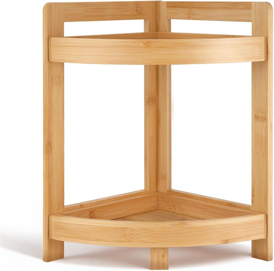 2026 New Bamboo Standing Shelf, 2 Tier Corner Shelf Stand, bathroom counter/sink organizer, Triangular Curved Corner Shelf Stand for Space-Saving Display Ideal for Bathroom/Kitchen/Living Room