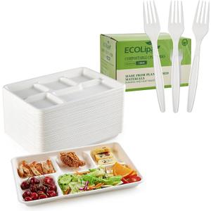 ECOLipak 100% Compostable 100 Pack 5-Compartment Disposable Paper Plates and 150 Pack 7 inch Large Size Disposable Cutlery Forks ECOLipak 100% Compostable 100 Pack 5-Compartment Disposable Paper Plates and 150 Pack 7 inch Large Size Disposable Cutlery Forks