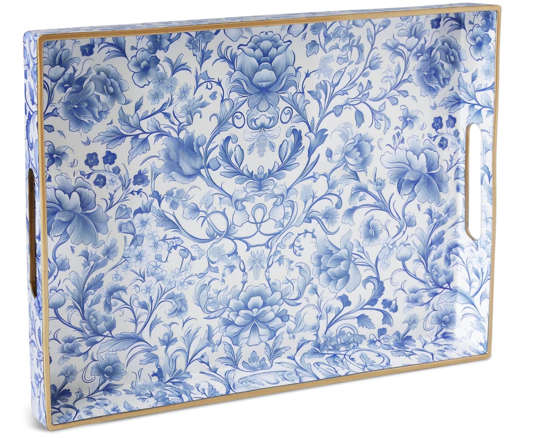 ORIGTRAY Serving Tray with Handles, Rectangular Plastic Tray 15.75x11.81 Inch, Blue and White Peony Chinese Porcelain Style Decorative Tray for Kitchen, Dining Table, Vanity, Office & Home
