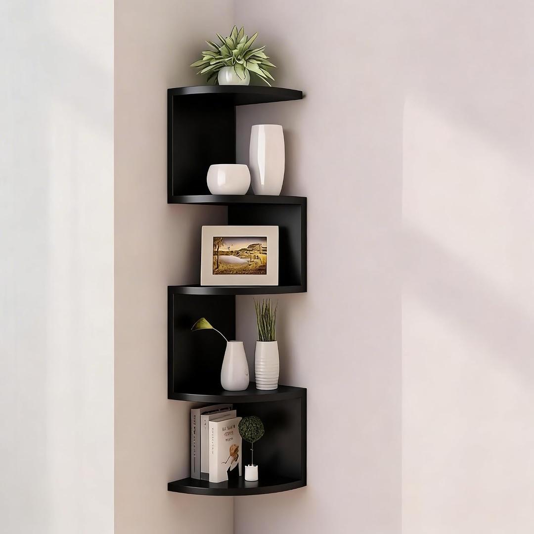 No-Drill Corner Shelf Wall Mount, 5-Tier Floating Corner Bookshelf with Hooks, Space-Saving Zigzag Plant Shelf for Bedroom, Living Room, Bathroom, Home OfficeBlack