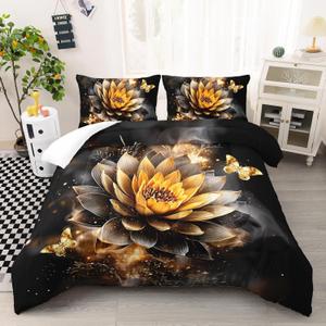 AILONEN Black and Gold Flower Bedding Set Queen Size,Beautiful Butterfly Botanical Printed Girls Duvet Set 3Pcs,Smoke Fog Floral Comforter with 2 Pillowcases