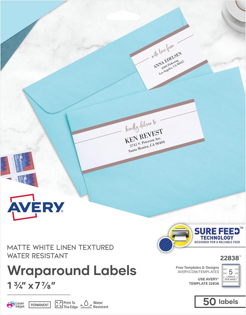 Avery Printable Wraparound Rectangle Labels, 7.85" x 1.75", Textured White, 50 Customizable Labels (22838)