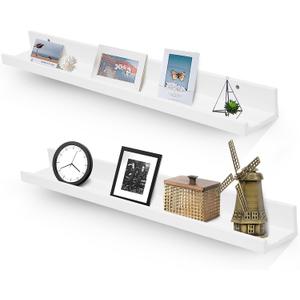 Muzilife 35.4" Large Floating Wall Ledge Shelves with Lip - Set of 2 Wood Floating Shelves - White Wall Mounted Picture Ledge for Office, Bathroom, Bedroom, Living Room, Kitchen