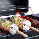ivtivfu Rolling Grill Basket, Removable Wooden Handle, 304 Stainless Steel, Nesting BBQ Tools, Smoker Grilling Accessories for Vegetable, Outdoor Cooking Camping, Birthday Gifts for Men Dad Husband
