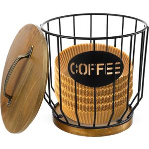 Coffee Filter Holder with Lid, Vintage Metal Coffee Bar Accessories, Coffees Filter Holders for Counter Storage Basket (Black)