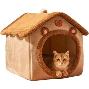 Cat Bed for Indoor Cats, Cozy Cave Bed Cat House Cats Tent with Removable Cushion Pillow, Soft Warm Pet House, Cute Bear Pet Nest for Kitten Small Dogs (Brown, M-18.1 x 14.57 x 15.75 Inches)