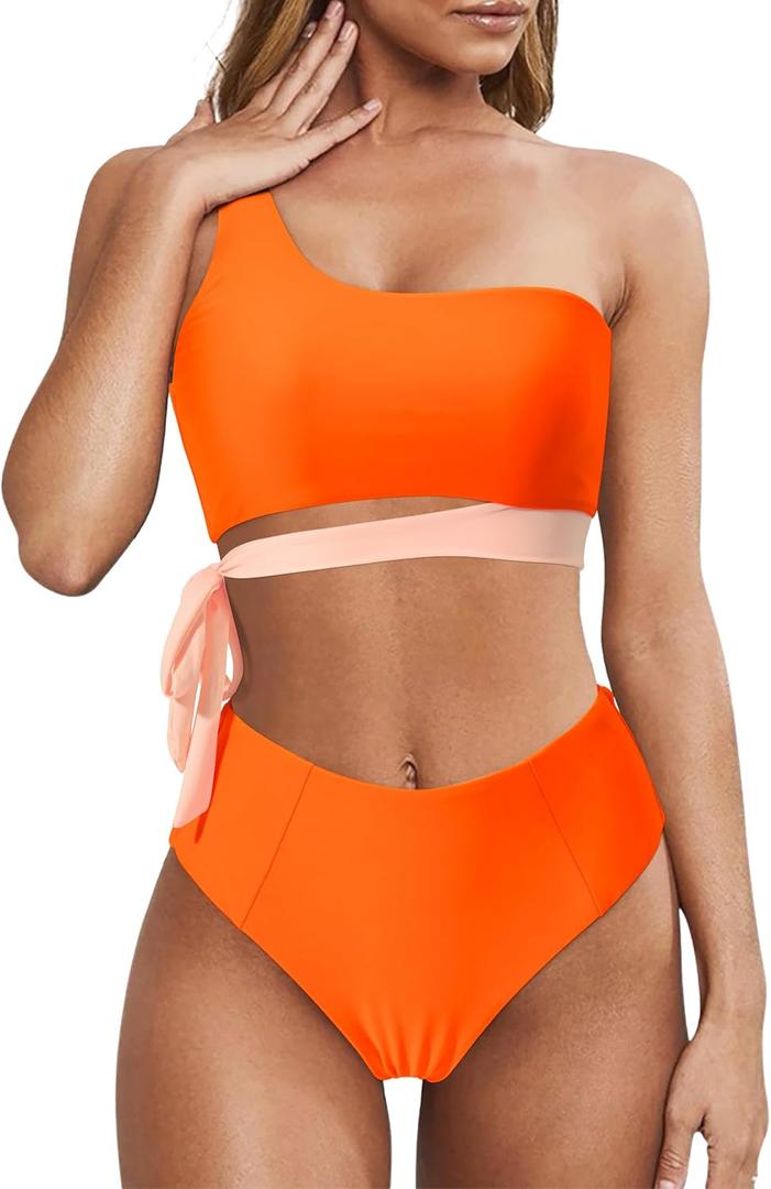MOOSLOVER Women One Shoulder High Waisted Bikini Tie High Cut Two Piece Swimsuits (X-Large, Orange-17)