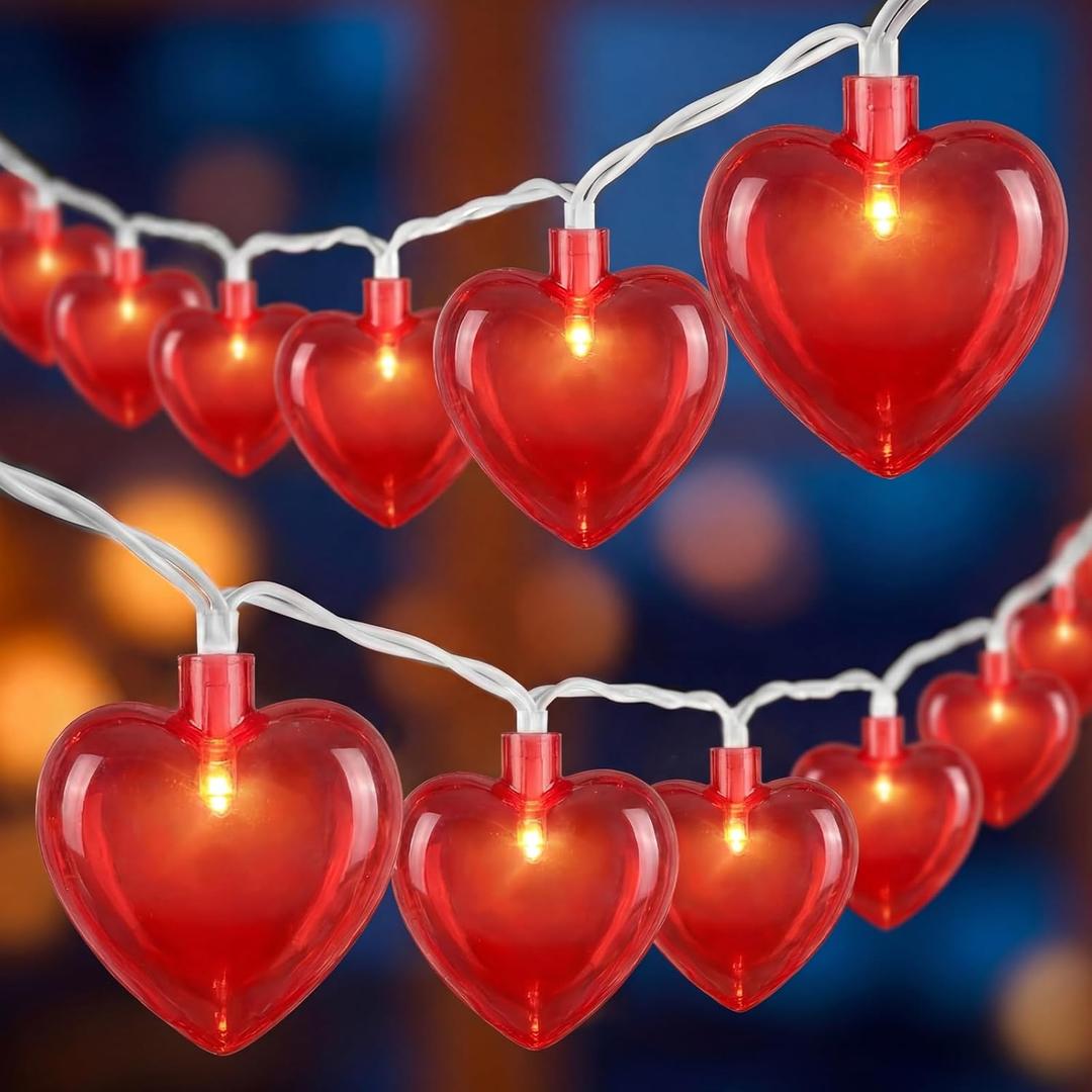 8.5Ft Heart String Lights, Valentines Day Decorations Lights with 10 Red Heart Lights, Plug in Fairy Heart Shape String Lights for Window Wedding Anniversary Bedroom Party Valentine's Day Decorations