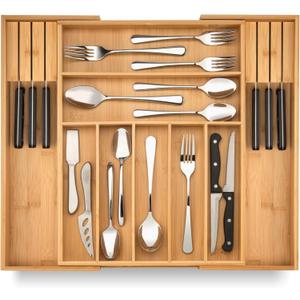 Purawood Kitchen Drawer Organizer with Knife Blocks - Utensil Drawer Organizer for Kitchen, Cutlery Tray & Silverware Organizer, 3-5 Slots - Bamboo Organizer for Utensils & Flatware (Natural)