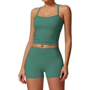 Two Piece Workout Sets For Women Tank Top Matching High Waist Booty Lifting Shorts Gym Yoga Active Wear Outfits (Medium, Dark Green)