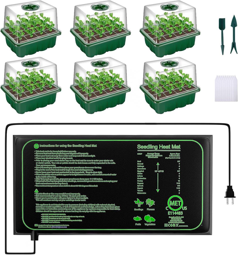 6-Pack Seed Starter Trays with 10"x20.75" Seedling Heat Mat for Indoor Home Gardening Seed Starting, 72-Cell Seed Starter Kit with Humidity Dome(12 Cells per Tray), MET Certified