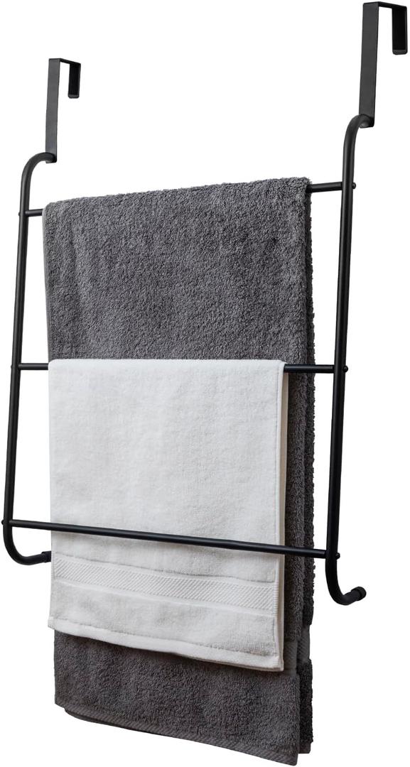 MyGift Over the Door Towel Rack, 3 Tier Modern Triple Towel Holder, Space Saving Bathroom/Laundry Room Clothes Drying Rack, Over Cabinet Towel Bar Hanger, Matte Black Metal