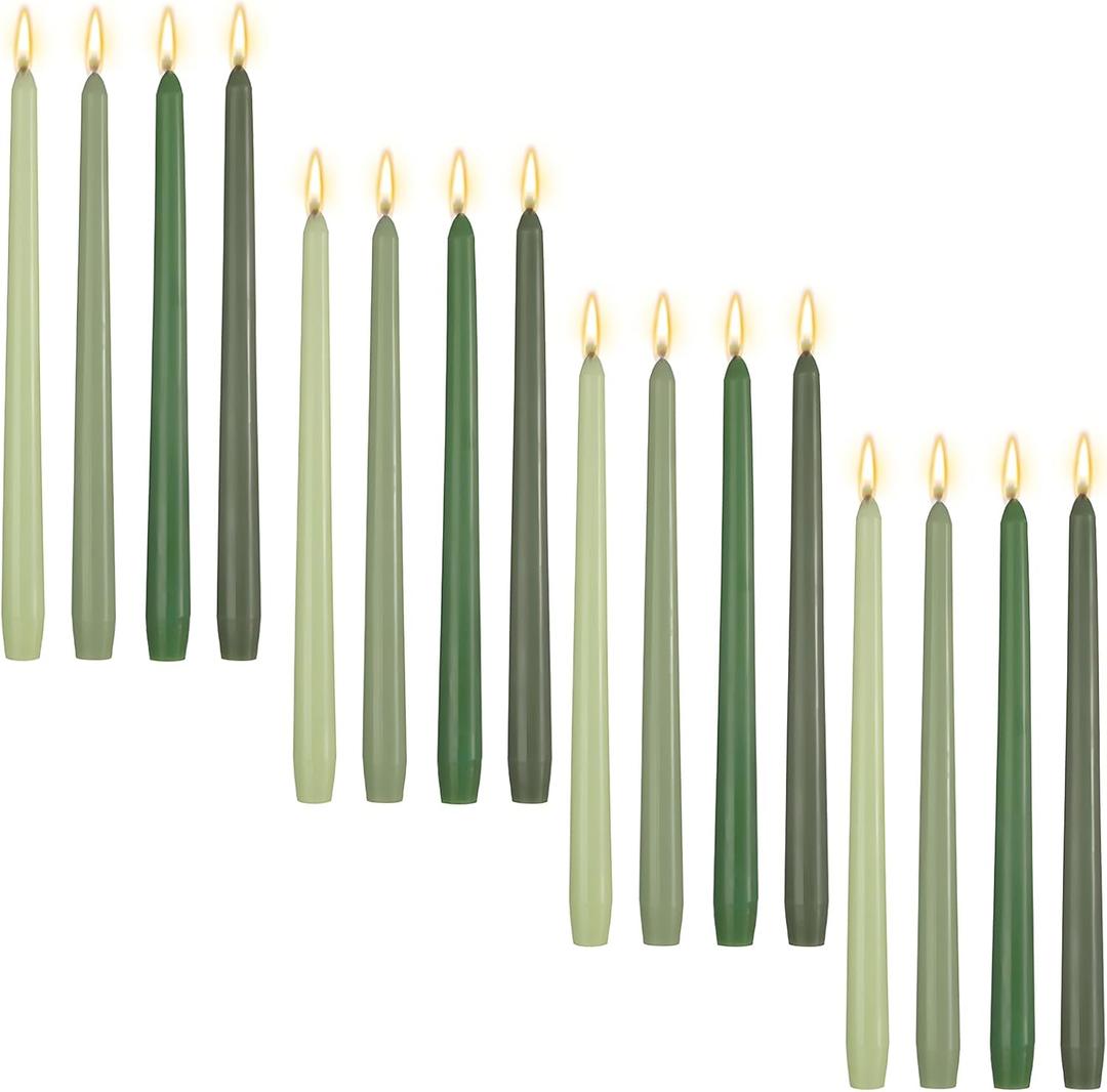 MTLEE 10 Inch Long Tapered Candle Stick Bulk Smokeless Unscented Burning Candlestick Paraffin Wax with Cotton Wick for Dinner Anniversary Wedding Party Church(Gradient Green,16 Pcs)