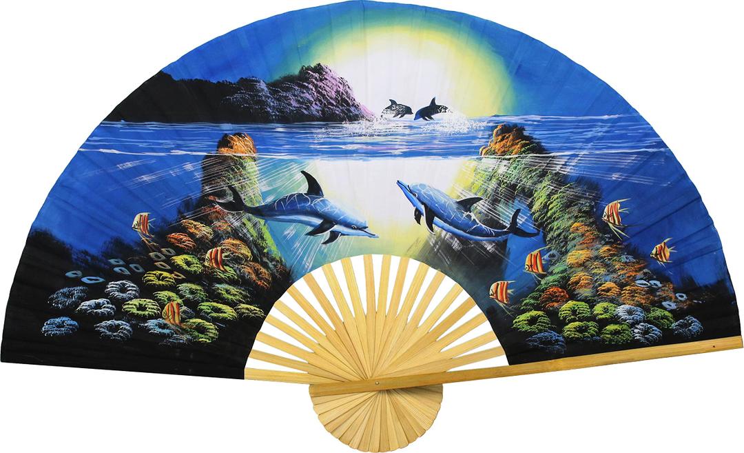 Nautical Decor Folding Wall Fan Hand-Painted Beach Theme Artwork (60 inch wide, Striking Dolphins)