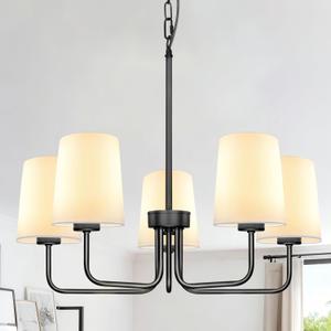Black Chandelier with E26 Base, 5-Light Farmhouse Chandelier with Shade, Height Adjustable Modern Dining Room Light Fixture Over Table for Kitchen Bedroom Living Room Entryway Foyer Hall