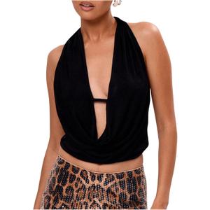 SHENHE Women's Halter Draped Front Crop Top Deep V Neck Tie Backless Going Out Tops (Medium, Black)