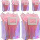Caleihd 6PCS Holographic Clear Gift Bags with Tissue Paper, 7.9 * 7.1 * 3.9 inch with Handles,Treat Bags Goody Bags,for Christmas, Birthday Party, Weeding Gift Bags Party Supplies