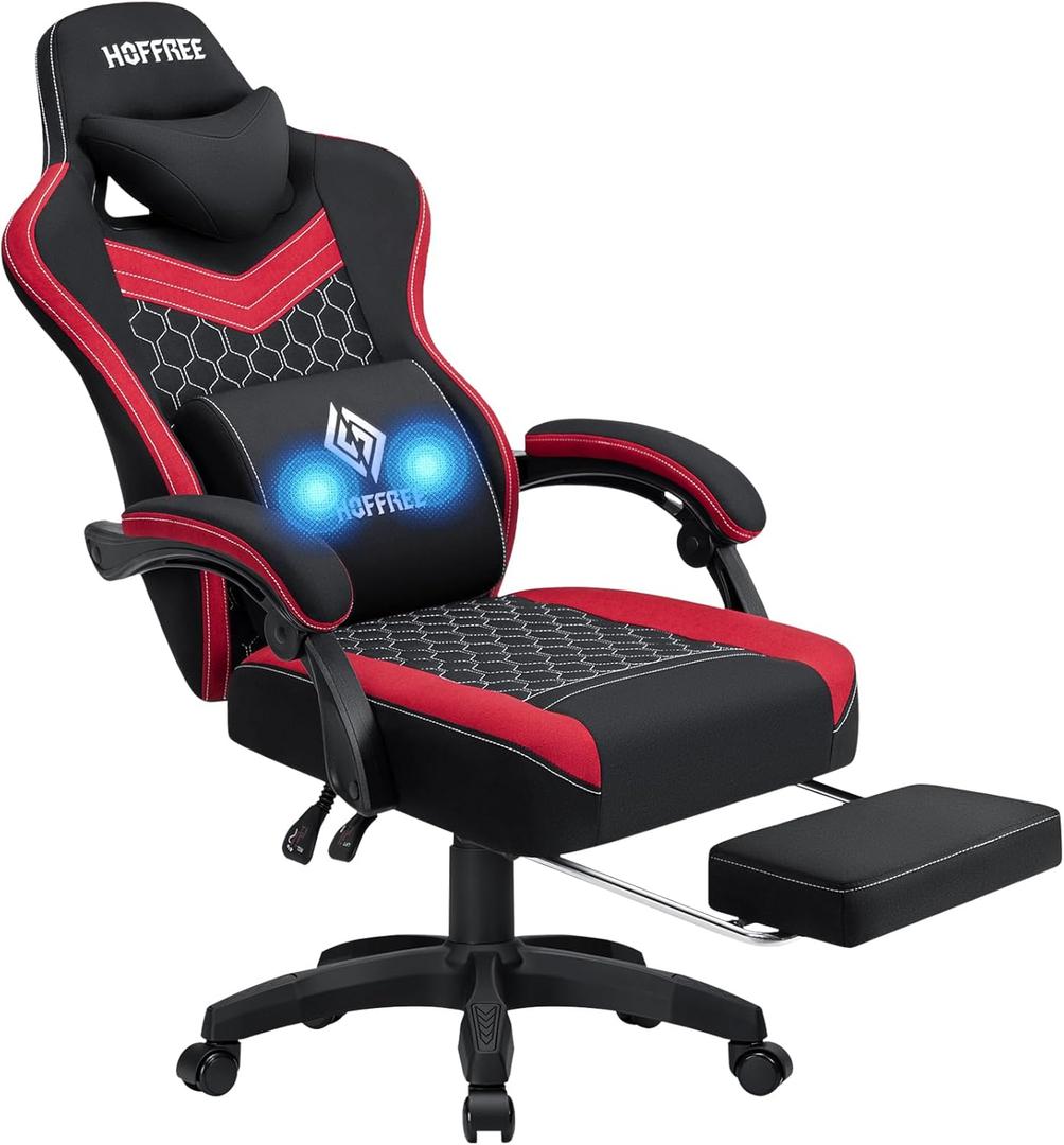 HOFFREE Gaming Chair Computer Chair Fabric with Pocket Spring Cushion Massage Game Chair with Footrest Ergonomic Gamer Chair with Lumbar Support Reclining Gaming Chairs for Adults Red and Black