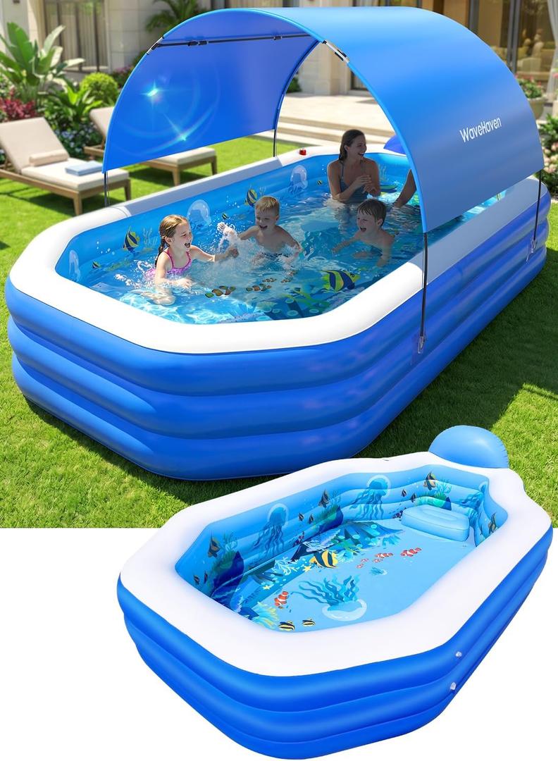 2026 Inflatable Pool with Canopy, Large Inflatable Pool for Kids,Adults, Blow Up Pools with Seats,Oversize Thickened 118"x75"x22"Inflatable Swimming Pools, Kids Pool for Backyard,Ocean Theme-Blue