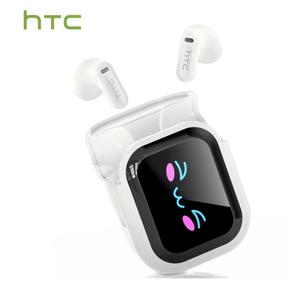 Open In-Ear AI Translation Wireless Earbuds - HTC NE20 Bluetooth 6.0, 130+ Language Translator, IPX5 Sweatproof for Running/Business, With LED Touch Screen, Beige white