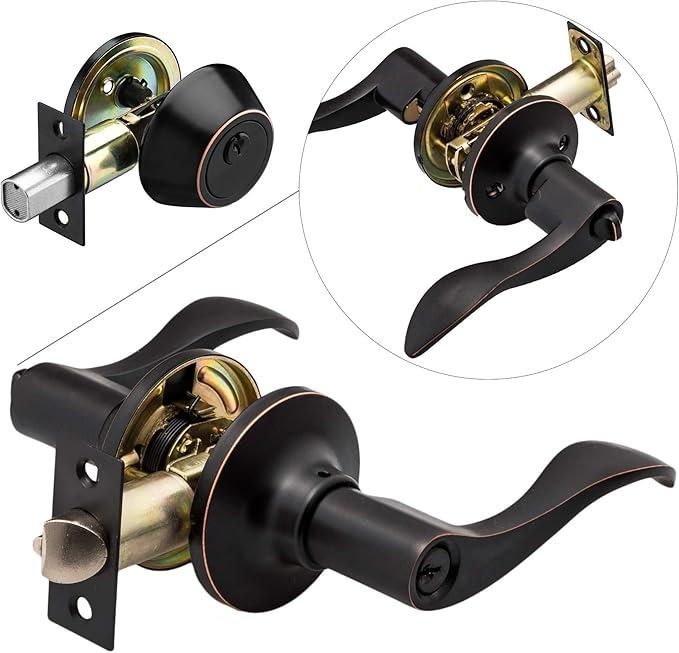 Berlin Modisch Entrance Lever Door Handle (for Office and Front Door) Reversible for Right and Left Side and a Single Cylinder deadbolt Set Keyed Alike Combo Pack