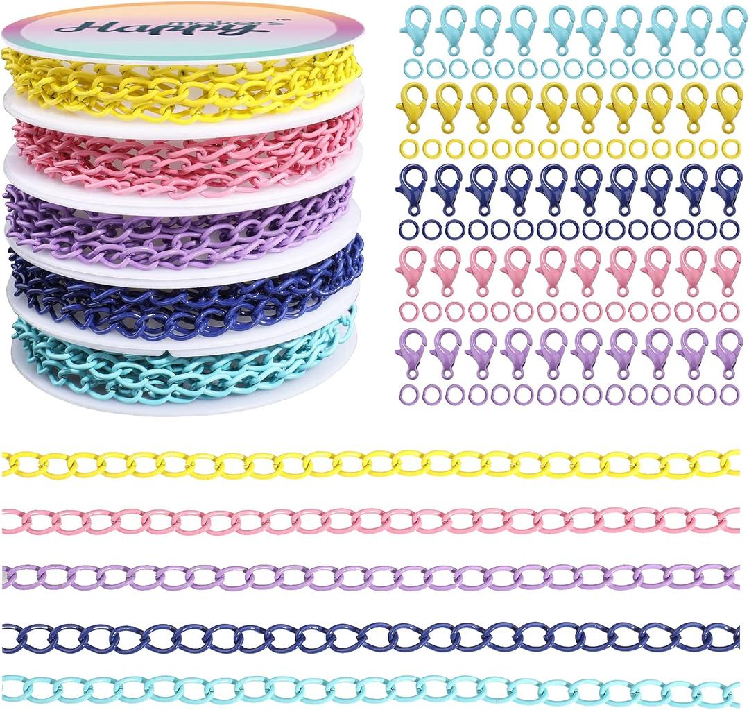 Happy Makers 39.37 Feet Necklace Figaro Chains for Jewelry Making, 4 Colors Brass Plated Necklace Chains with 40 Lobster Clasps, 80 Jump Rings in Bulk for Women Men DIY Bracelet Craft