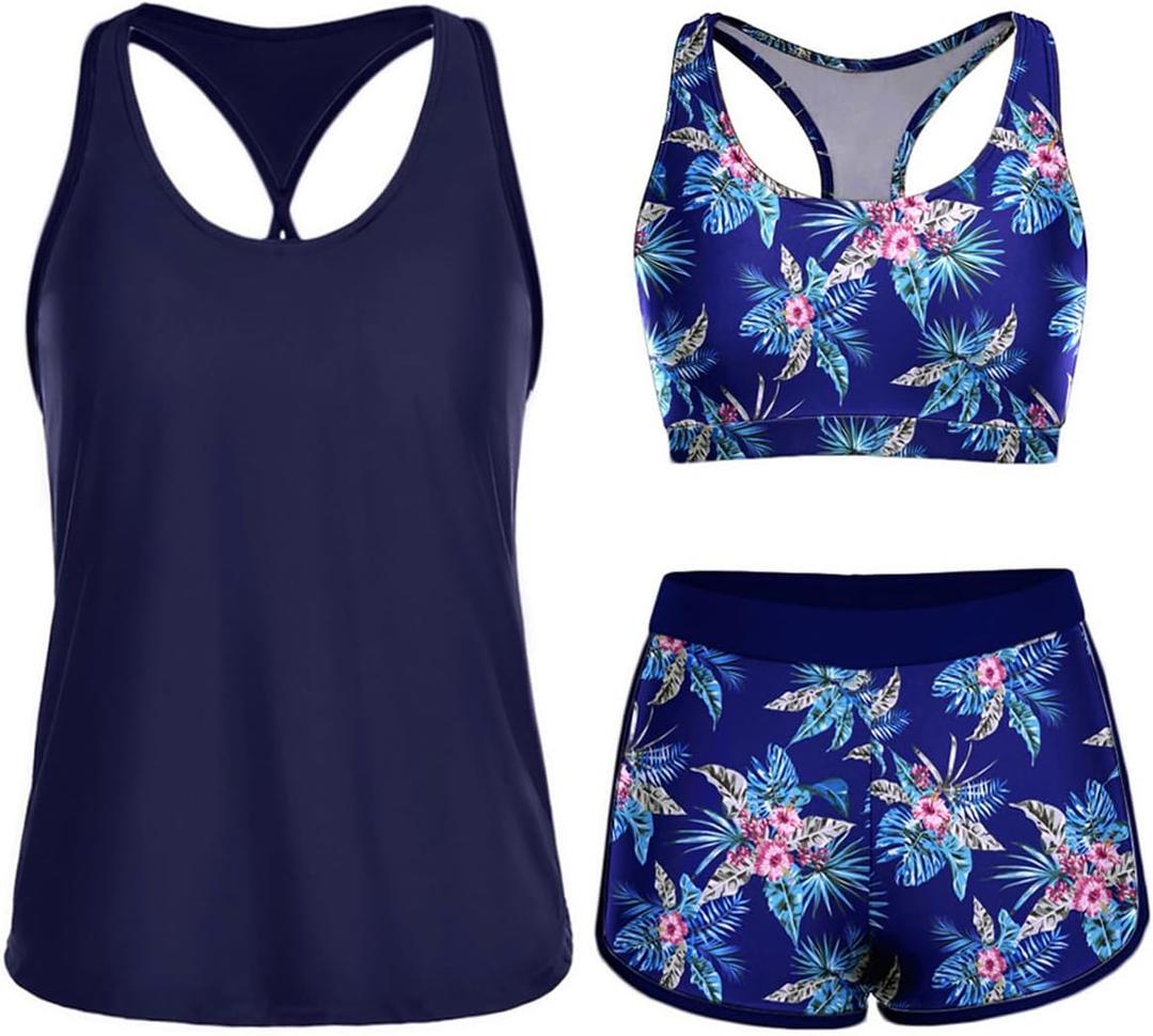 Yonique 3 Piece Athletic Tankini Swimsuits for Women with Shorts Swim Tank Tops with Sports Bra and Boyshorts Bathing Suits (Large, Blue Floral)