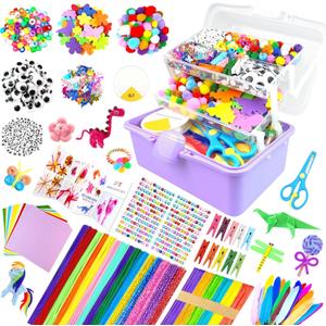 3000Pcs Arts and Crafts Supplies for Kids Craft Kits with Pipe Cleaners Crafting Supply All in 3 Layered Craft Box DIY Crafts for Kids Ages 4-8 8-12 Homeschool Supplies Toys Gifts for Girls & Boys (Purple)