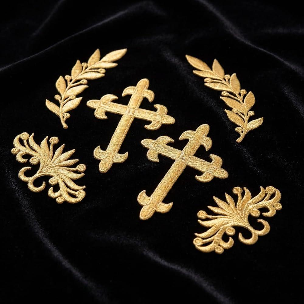 IDONGCAI Golden Embroidered Patch Set of 6, Floral Leaf Cross Iron-On or Sew-On Appliques, Vintage Gold Embroidery Patches for Jackets, Jeans, Hats, Bags, Clothing Repair & DIY Craft Decoration
