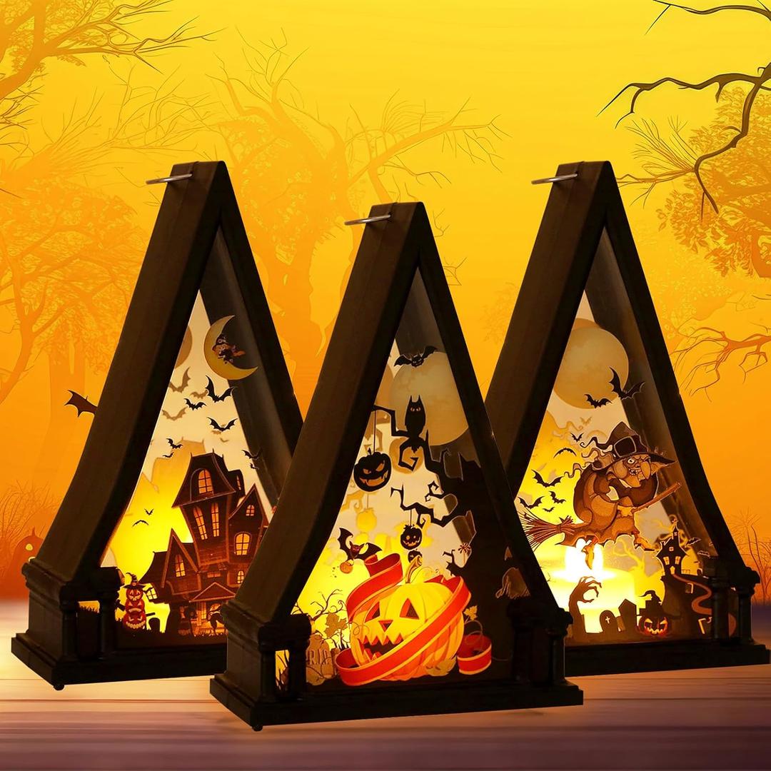 3 Pieces Halloween Lanterns Decoration 6.1" Height Retro Hanging Lamp Halloween Pumpkins Castle Flameless Candle Holder Triangular Lantern for Home Indoor Outdoor Party Supplies
