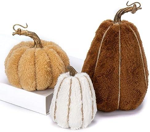 DILATATA 3 Pcs Assorted Faux Sherpa Pumpkins Small Fabric Pumpkins Mini Fake Plush Pumpkins for Fall Decor Halloween Thanksgiving Decor Table Centerpiece Mantel Decor, Set of 3