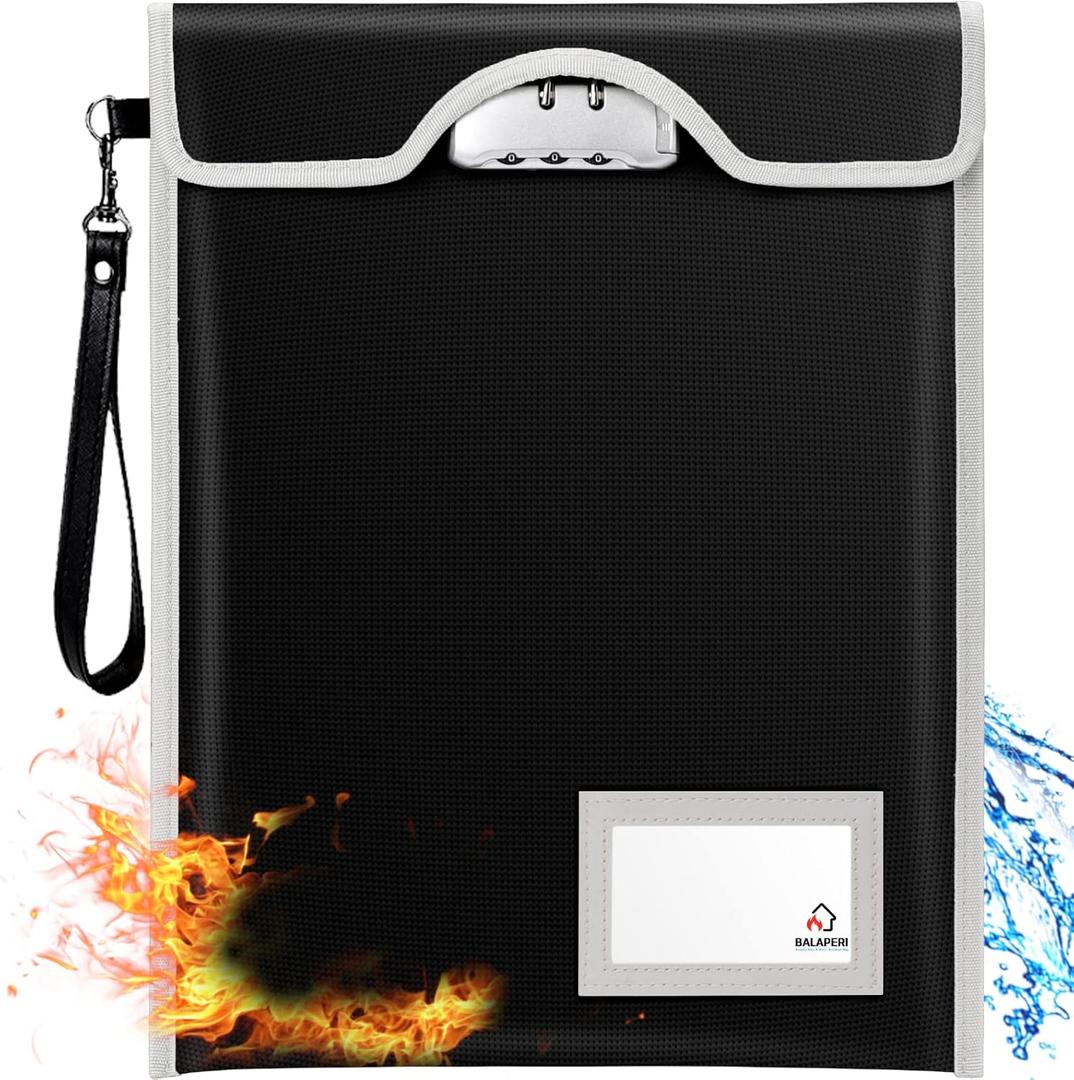Fireproof Bag with Lock (5200), BALAPERI 15x 11Fireproof Document Bag, Fireproof Money Bag for A4 A5 Legal Letter Size Document, Tablet, Valuables, Jewelry, Cash and Passport (Black)