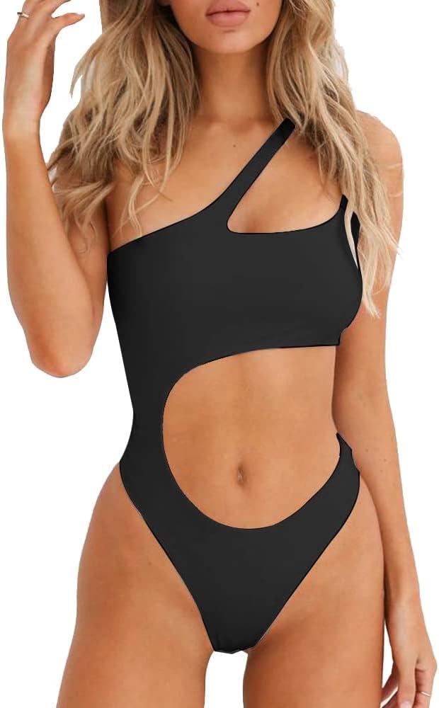 YELAIVP Women's Cutout One Piece Swimsuit Sexy One Shoulder High Cut Bathing Suit Bikini (Black)