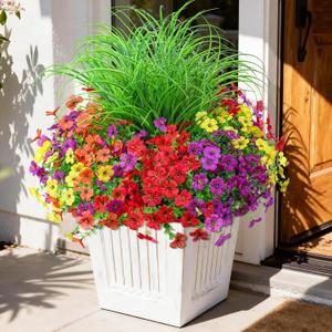 INQCMY Artificial Flowers for Outdoors UV Resistant, 14 Bundles Fake Plants Realistic Silk Flowers with Faux Ferns for Outside Planters Home Porch Patio Garden Back Yard Spring Summer Decoration