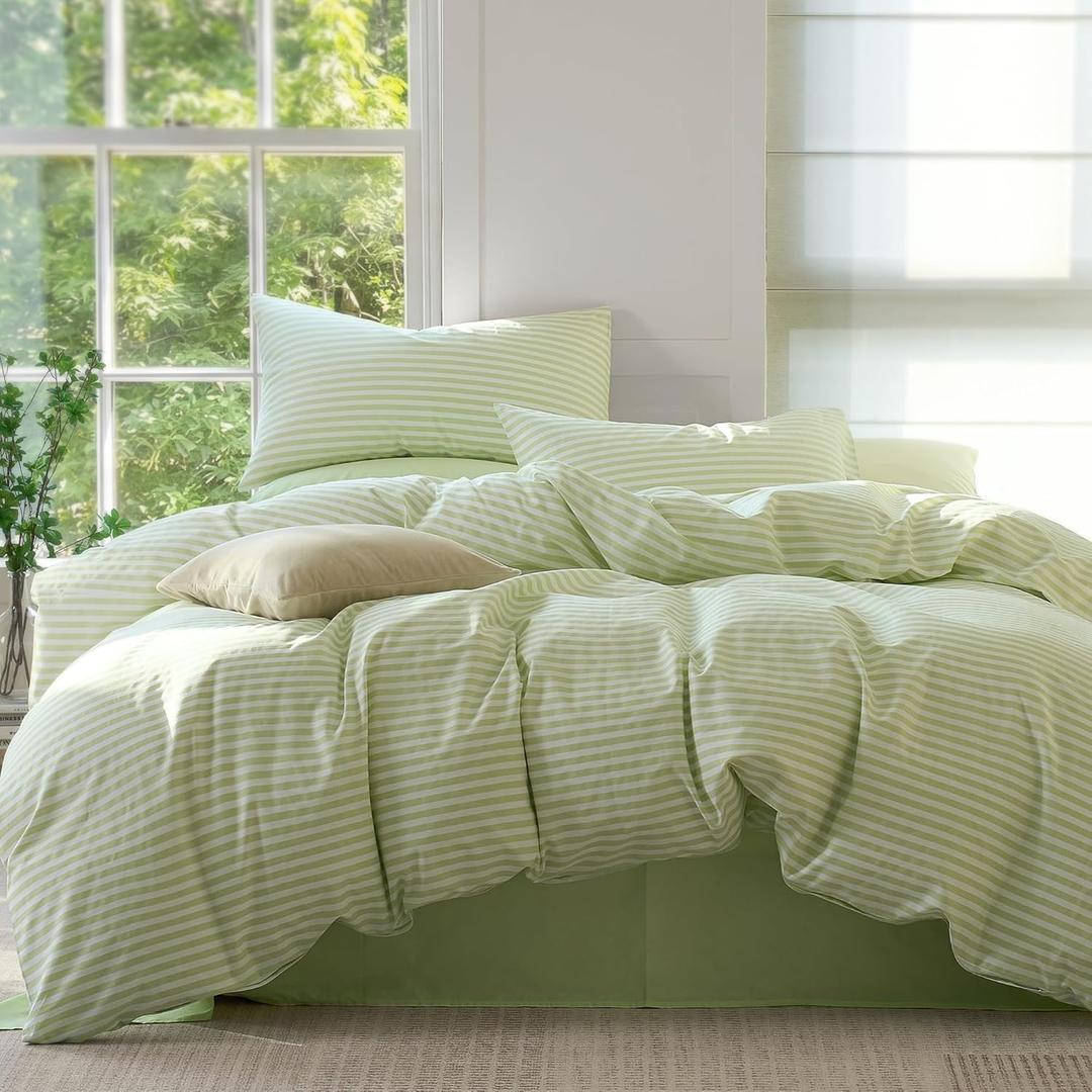 JELLYMONI Striped Duvet Cover Set - Queen Size Comforter Cover, Classic Sage Green & White Stripes, 100% Cotton 3 Pcs Bedding with Zipper Closure & 8 Corner Ties for Master or Guest Bedroom