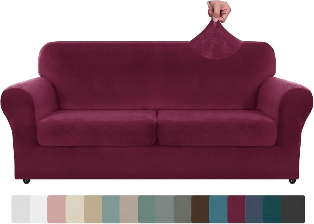 ZNSAYOTX Oversized Velvet 3 Piece Couch Cover with 2 Extra Large Seat Cushion Covers Stretch Sofa Cover for 2 Cushion Couch Soft Loveseat Sofa Slipcover for Living Room (Wine Red), 72"-92"(2 CUSHIONS)